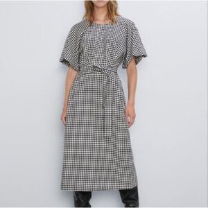 Zara Belted Houndstooth Midi Dress Pouf Sleeves L Academia Preppy Old Money